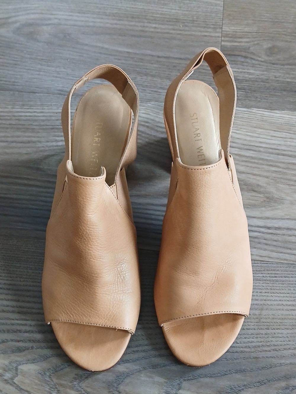 Stuart Weitzman Beige Leather Open-Toe Slingback Sandals Block Heel Size 8 1/2 N